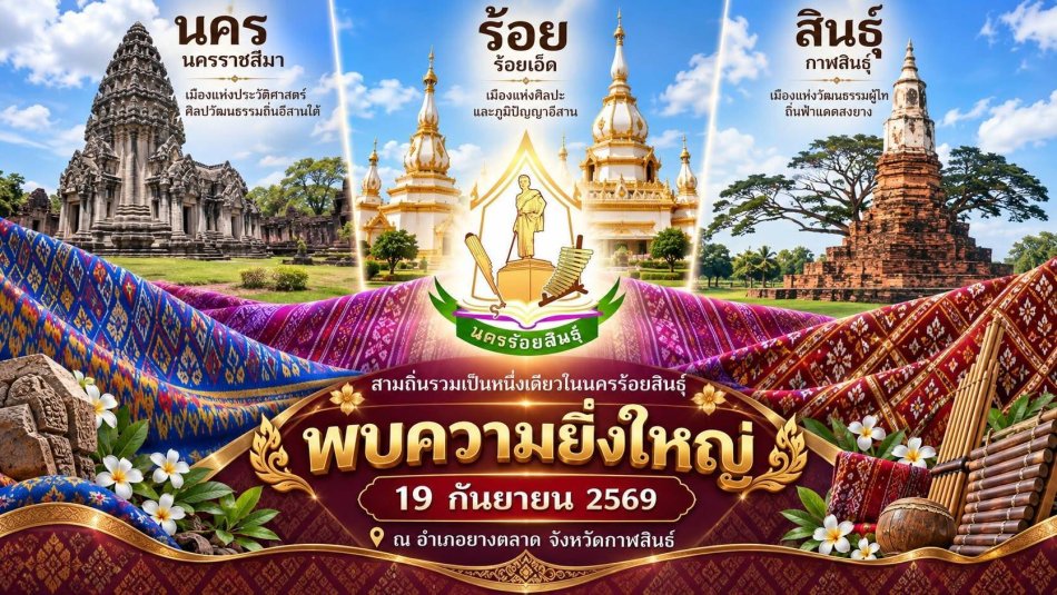 ขอเชิญร่วมงานมหกรรมศิลปวัฒนธรรม “ถวายอาลัยพระมิ่งแม่แห่งแผ่นดิน” สถาบันบัณฑิตพัฒนศิลป์ กระทรวงวัฒนธรรม ขอเชิญประชาชนร่วมงานมหกรรมศิลปวัฒนธรรม “ถวายอาลัยพระมิ่งแม่แห่งแผ่นดิน” ในวันเสาร์ที่ 19 กันยายน 2569 ณ บริเวณหน้าที่ว่าการอำเภอยางตลาด จังหวัดกาฬสินธุ์  เวลา 17.30–18.00 น. 